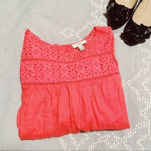 J. Crew coral linen popover blouse.